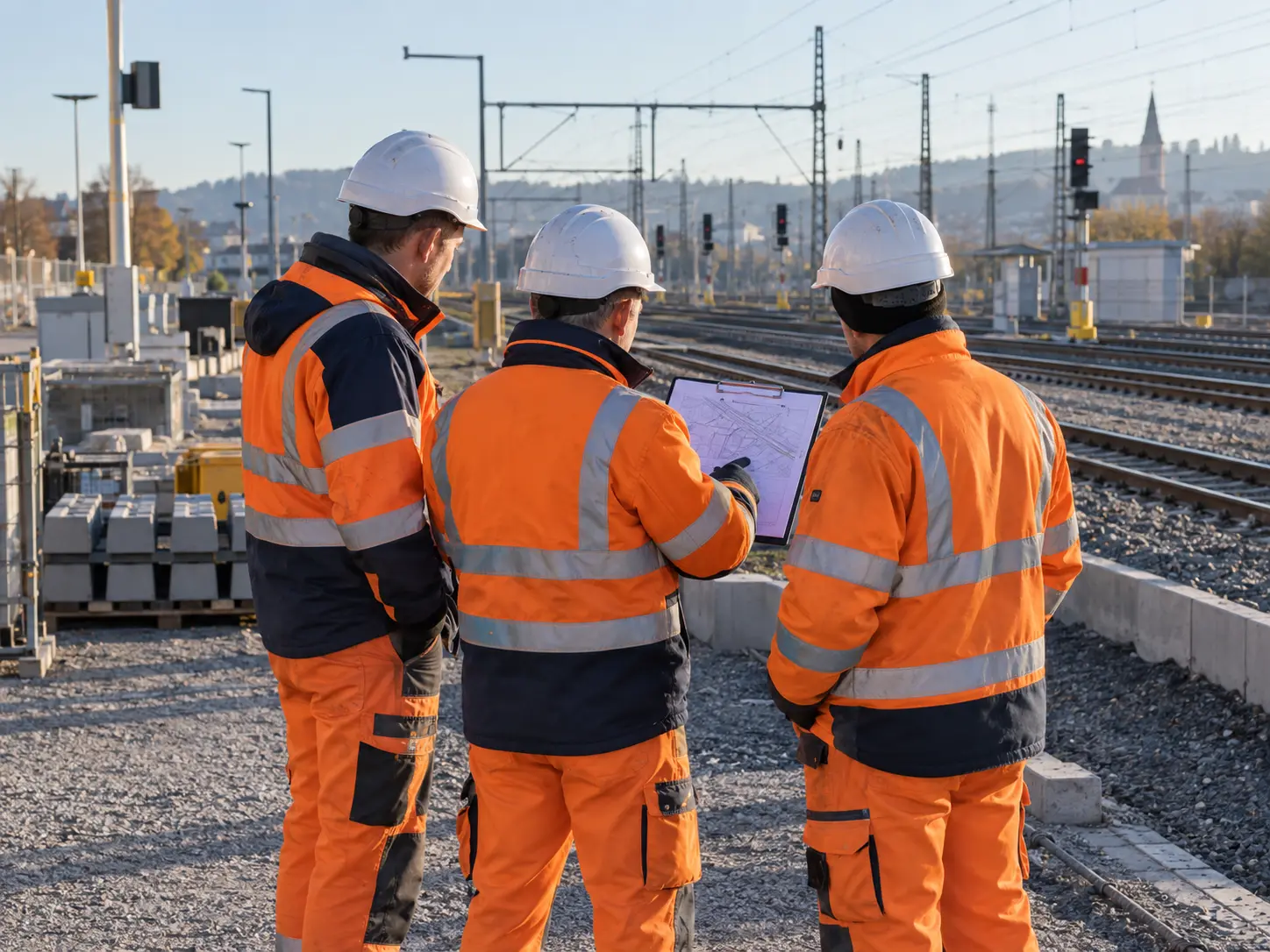 Fachkräfte in Warnschutzkleidung besprechen einen Sicherungseinsatz an der Bahnstrecke